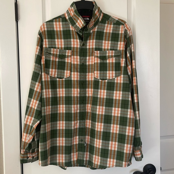 The North Face Other - The North Face men’s green and orange plaid snap button polyester shirt Size XL